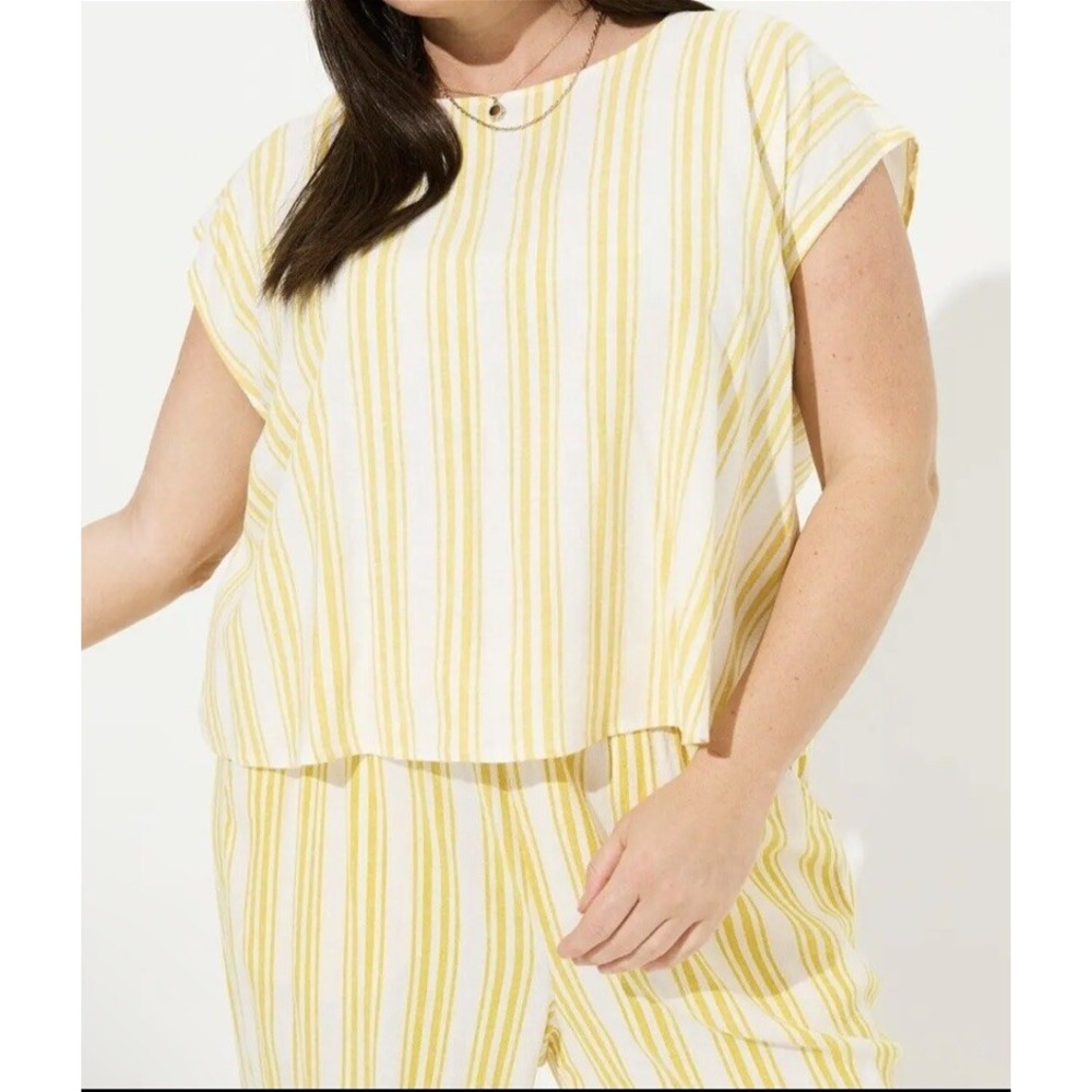 Torrid Linen Top Yellow Striped Boxy Open Criss Cross‎ Back Summer Size 6x